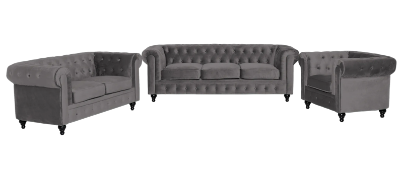 Chesterfield Lyx Soffgrupp 3+2+1 i Sammet, Mörkgrå / Grå