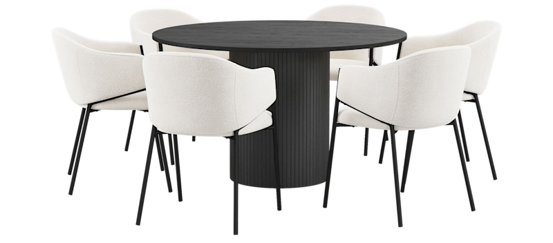 Kopparbo Runt Matbord 130 cm med 6 Filip Matstolar, Svart trä / Vit Bouclé