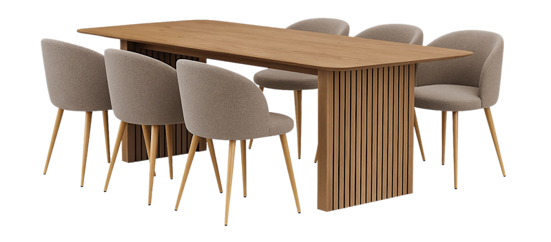 Richeto Matbord 240 cm med 6 Greya Matstolar med armstöd, Naturlig finish / Greige Bouclé / Metallben Ek