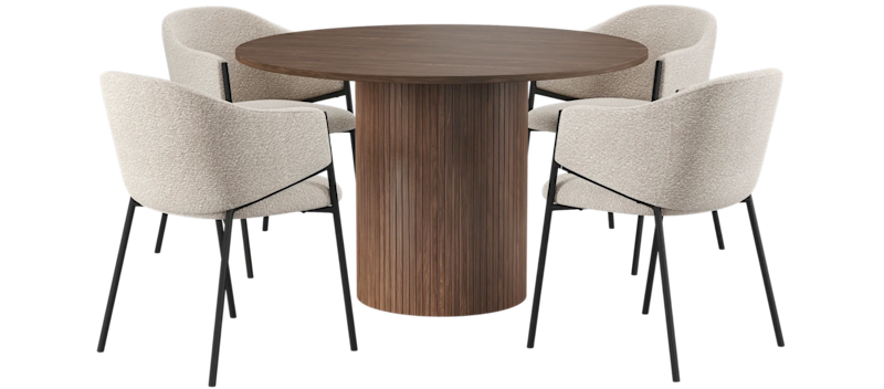 Kopparbo Runt Matbord 120 cm för 6 personer med 4 Filip Matstolar, Mörkbrun / Taupe Bouclé