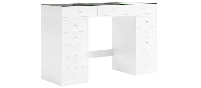 Glow Stort sminkbord med glasskiva - Förvaring med lådor och fack  120 cm, Vit