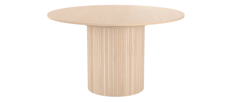 Kopparbo Runt Matbord 130 cm Förlängningsbart med illäggsskiva, Vitlaserat Ek / Ljusbeige