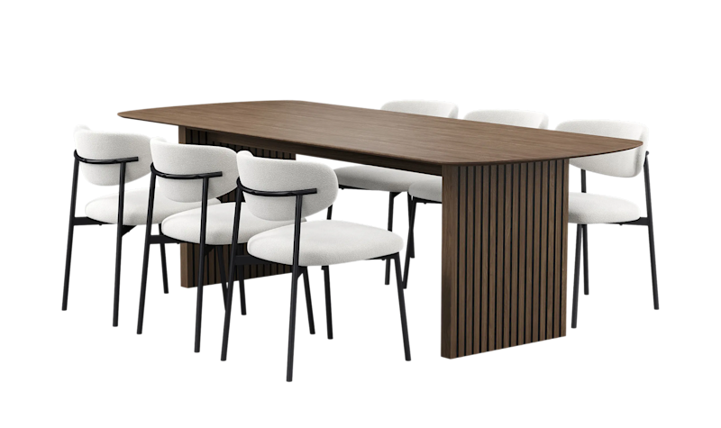 Richeto Matbord 240 cm med 6 Lucy Matstolar, Rökt ek / Vit Bouclé
