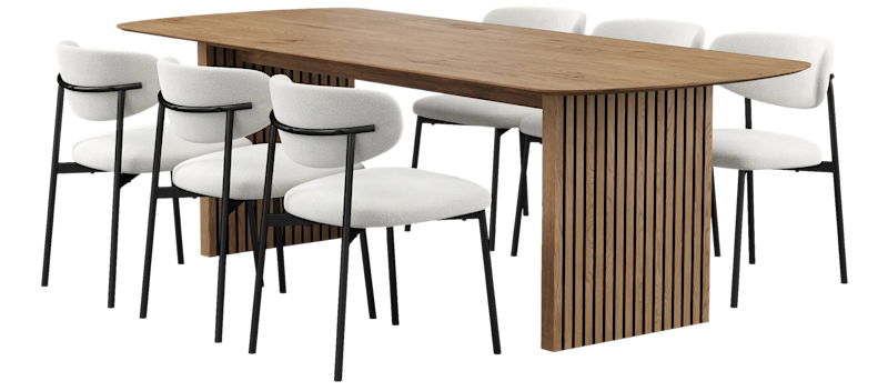 Richeto Matbord 240 cm med 6 Lucy Matstolar, Naturlig finish / Vit Bouclé / Metallben Svart